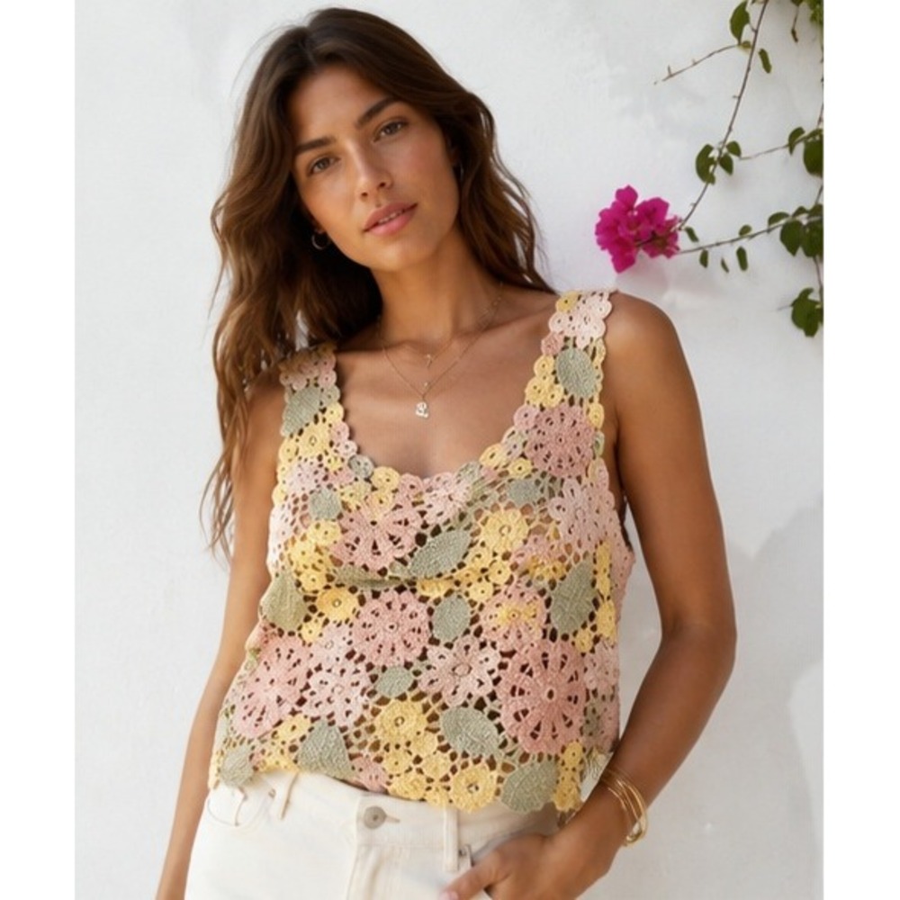 MANGO Crochet Floral Garden Tank Top Pastel Pink Yellow Green Size M NWT
